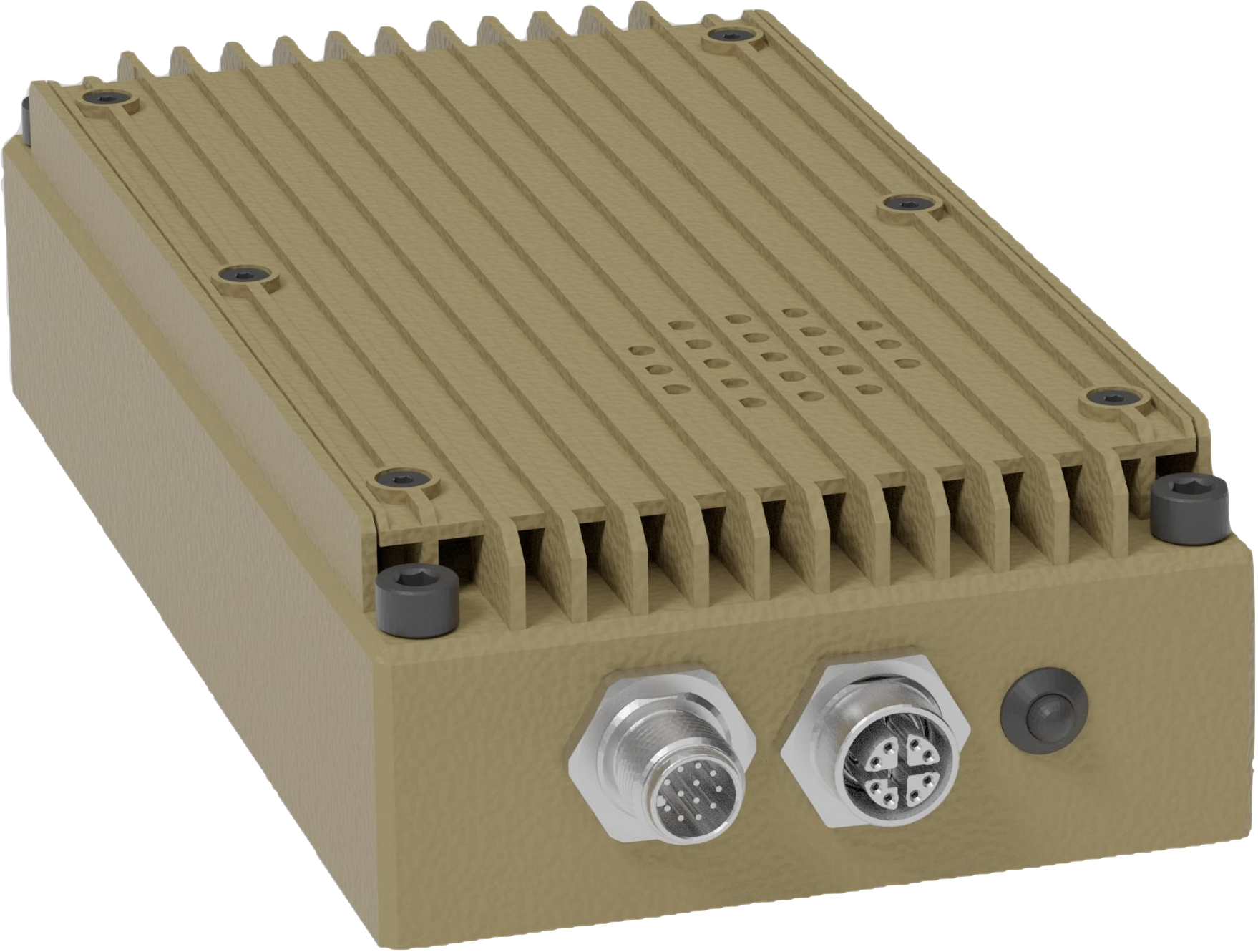 COYOTE rugged RF edge processing platform: a compact, coyote-tan ruggedized enclosure with heat-sink fins and sealed M12 connectors.